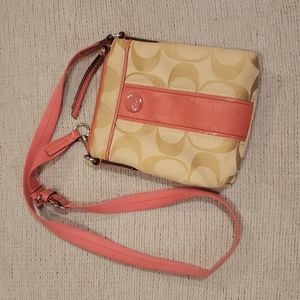 Coach crossbody messenger bag, pink and tan